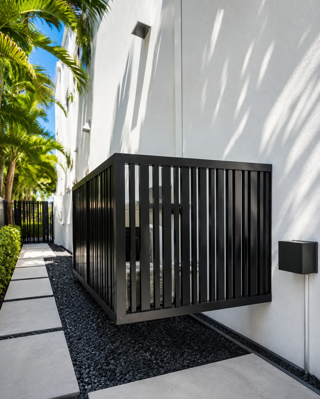 Modern black slat enclosure for air conditioning unit