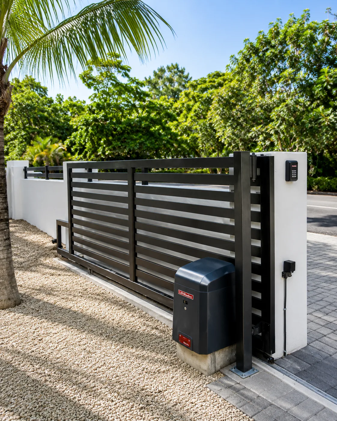 Automated sliding gate with LiftMaster motor and keypad
