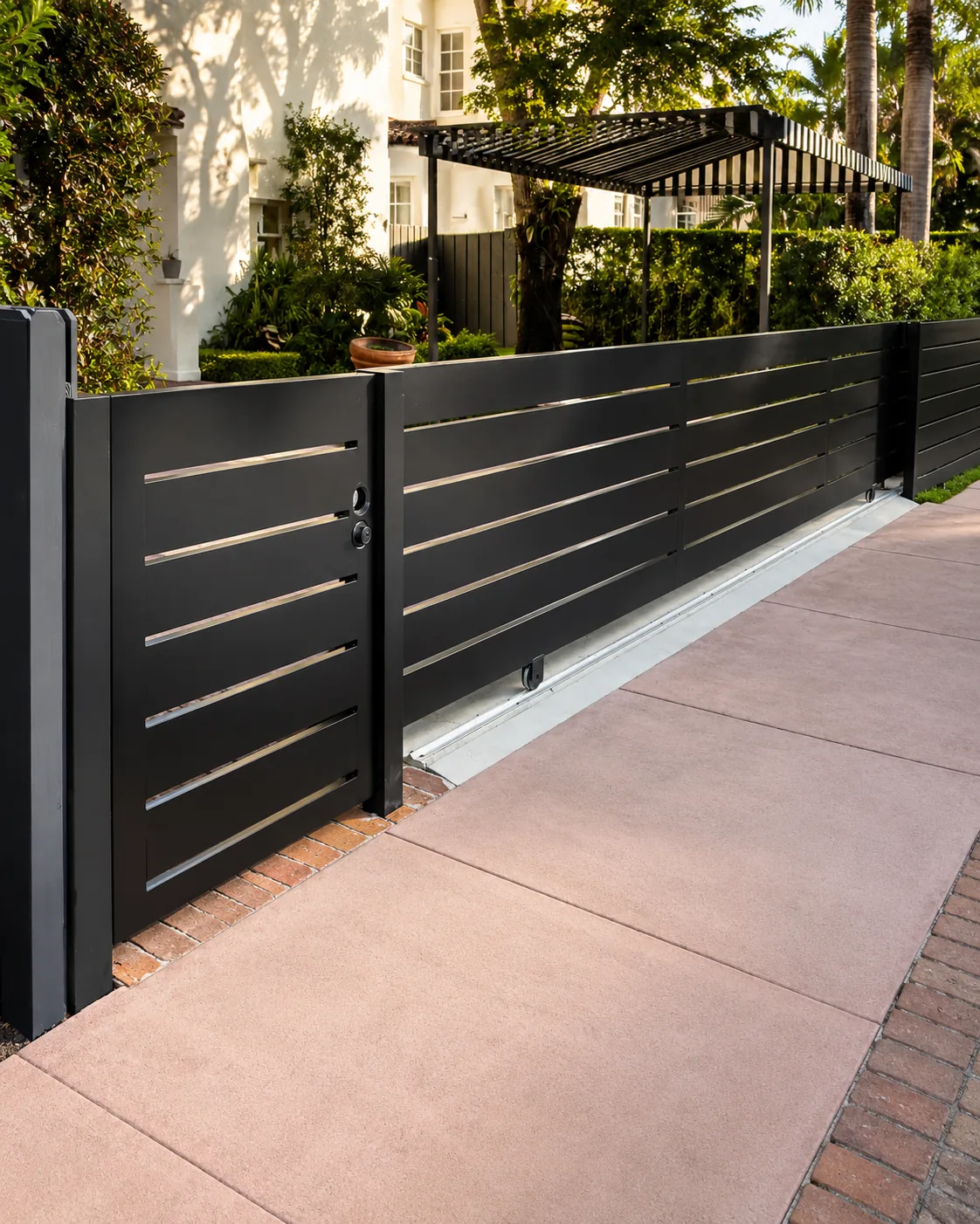Modern black horizontal slat sliding gate