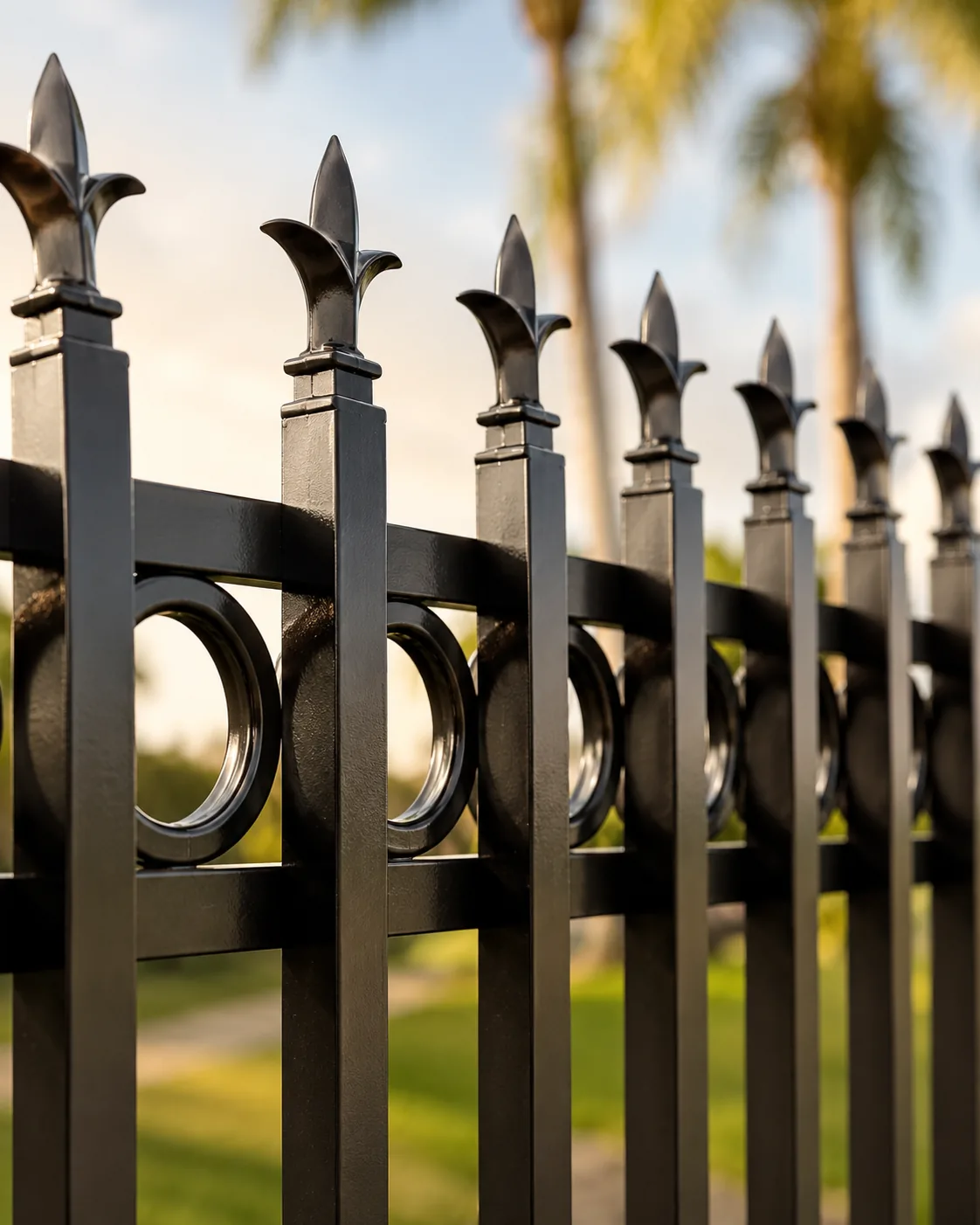 Detail of ornamental black metal fence with fleur-de-lis finials