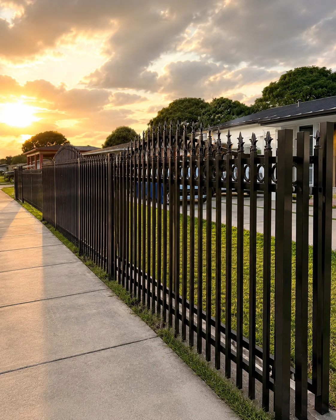 Ornamental fence at sunset in residential property